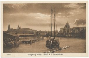 Königsberg (Pr.), Stadtkreis Königsberg  Königsberg (Pr.), Blick von der Kaiserbrücke auf den Pregel und die Synagoge Königsberg, Pregel