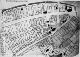 Tilsit, Stadt, Stadtkreis Tilsit  Tilsit, Stadtplan (Innenstadt mit Rathaus, Deutscher Kirche und Umgebung sowie Nummerierung der Grundstücke) 1805 