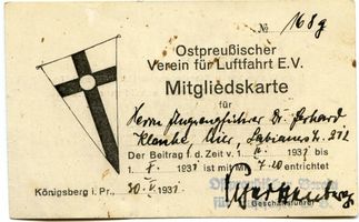 Königsberg (Pr.), Stadtkreis Königsberg  Königsberg, Mitgliedskarte Ostpreußischer Verein für Luftfahrt E.V. 