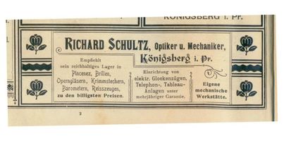 Königsberg (Pr.), Stadtkreis Königsberg  Königsberg (Pr.), Optiker und Mechaniker Richard Schultz Königsberg, Anzeigen