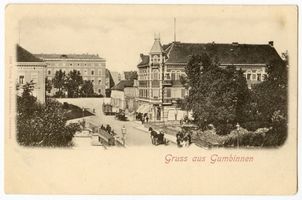 Gumbinnen, Stadt, Kreis Gumbinnen Königsplatz Gumbinnen, Große Brücke mit Friedrich-Wilhelm-Platz und Regierung 