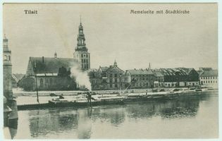 Tilsit, Stadt, Stadtkreis Tilsit Memelstraße Tilsit, Blick von Übermemel zur Deutschen Kirche und Memelstraße Tilsit, Deutsche Kirche (Deutschordens-Kirche, Stadtkirche, Alte Kirche)