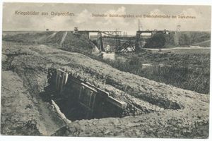 Angerapp, Stadt, Kreis Angerapp  Darkehmen, Deutscher Schützengraben an zerstörter Eisenbahnbrücke 