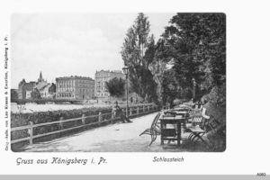 Königsberg (Pr.), Stadtkreis Königsberg  Königsberg, Schloßteich mit Schloßteichbrücke aus Richtung Drei Kronenloge Königsberg, Schloßteichbrücke