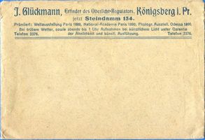 Königsberg (Pr.), Stadtkreis Königsberg Steindamm 154 Königsberg (Pr.), Steindamm,  J. Glückmann, Erfinder des Oberlicht-Regulators - Briefumschlag 