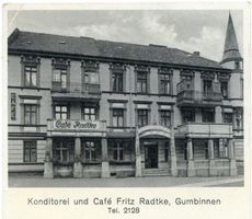 Gumbinnen, Stadt, Kreis Gumbinnen Königsplatz Gumbinnen, Konditorei und Cafe Fritz Radtke, Außen 