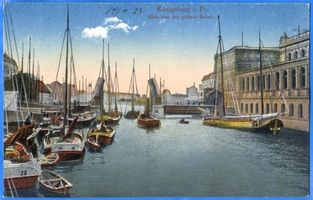 Königsberg (Pr.), Stadtkreis Königsberg Kneiph. Langgasse Königsberg, Blick von der Grünen Brücke auf die Köttelbrücke, rechts die Börse II Königsberg, Pregel