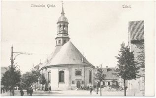 Tilsit, Stadt, Stadtkreis Tilsit Hohe Straße Tilsit, Christuskirche (Landkirche, Litauische Kirche), Blick von Osten IX Tilsit, Hohe Str. zwischen Schenkendorfplatz und Fletcherplatz, nördlicher Teil (Nr. 1-8)