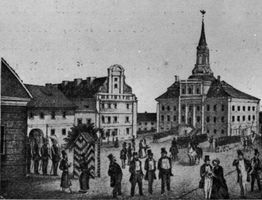 Tilsit, Stadt, Stadtkreis Tilsit  Tilsit, Rathaus, Marktplatz und Hauptwache um 1850 (Zeichnung) Tilsit, Schenkendorfplatz