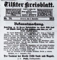 Tilsit, Stadt, Stadtkreis Tilsit  Tilsit, Bekanntmachung im  Tilsiter Kreisblatt  von 1914 