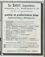 Königsberg (Pr.), Stadtkreis Königsberg Weidendamm 18-20 Königsberg (Pr.), Weidendamm, Fabrik- und Ingenieurbüro L. Dost Königsberg, Anzeigen