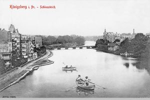 Königsberg (Pr.), Stadtkreis Königsberg  Königsberg, Schloßteich und Schloßteichbrücke im Hintergrund, Promenade noch unfertig Königsberg, Schloßteich