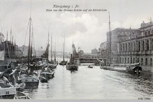 Königsberg (Pr.), Stadtkreis Königsberg Kneiph. Langgasse Königsberg, Blick von der Grünen Brücke auf die Köttelbrücke, rechts die Börse I Königsberg, Pregel