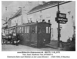 Tilsit, Stadt, Stadtkreis Tilsit Fletcherplatz   Straßenbahn, Bus und elektrische Bahn nach Miekiten