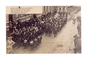 Tilsit, Stadt, Stadtkreis Tilsit  Tilsit, Aug. 1914, das Infanterie-Regiment Nr. 41 rückt aus mit klingendem Spiel und 3 Bataillonsfahnen 