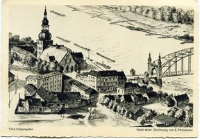 Tilsit, Stadt, Stadtkreis Tilsit  Tilsit, Luisenbrücke und Deutsche Kirche (Zeichnung) 