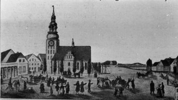 Tilsit, Stadt, Stadtkreis Tilsit Fletcherplatz Tilsit, Deutsche Kirche am Getreidemarkt um 1860 (Zeichnung) II Tilsit, Bereich 