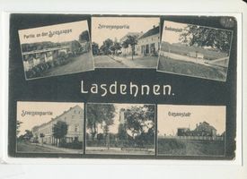 Haselberg (Ostpr.), Kreis Schloßberg  Lasdehnen, Partie an der Szeszoppe, 2x Straßenpartie, Badeanstalt, Kriegerdenkmal, Gasanstalt 